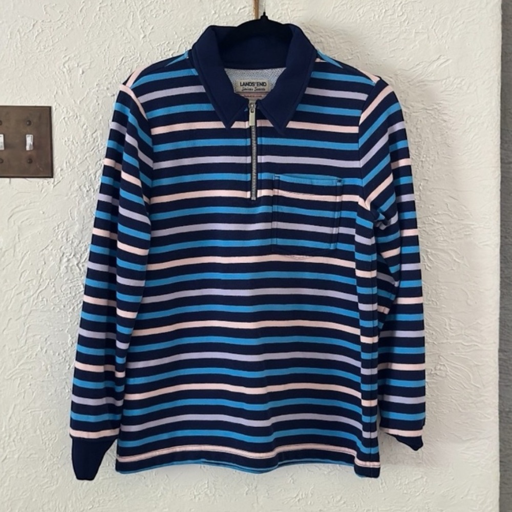Lands' End Stripes Quarter zip Pullover Navy blue Preppy classic sz S